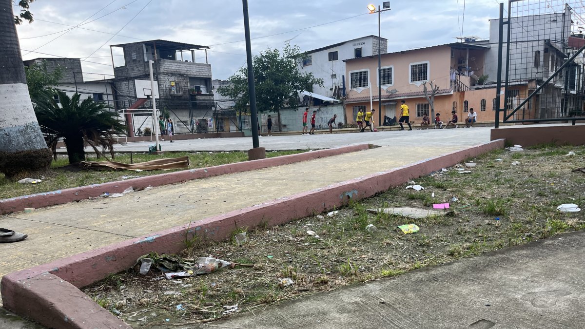 El parque. Permanece con desechos en el suelo, le falta color y áreas verdes.