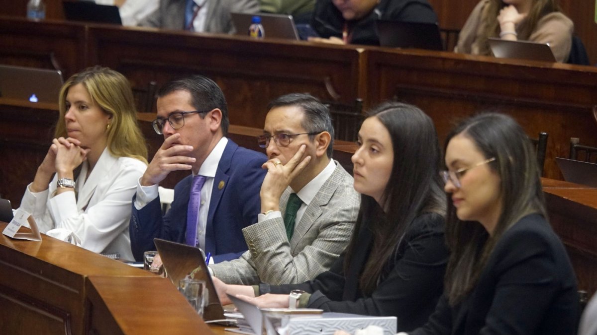 Defensores. Édgar Neira (en el centro) y su equipo de defensores del presidente Guillermo Lasso protagonizaron el tramo final de las comparecencias.