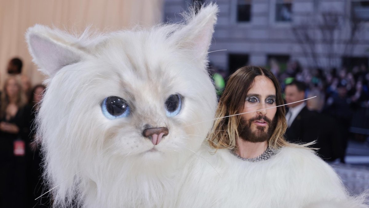 El actor estadounidense Jared Leto, ataviado con un disfraz de gato, fue registrado a su llegada a la Met Gala.