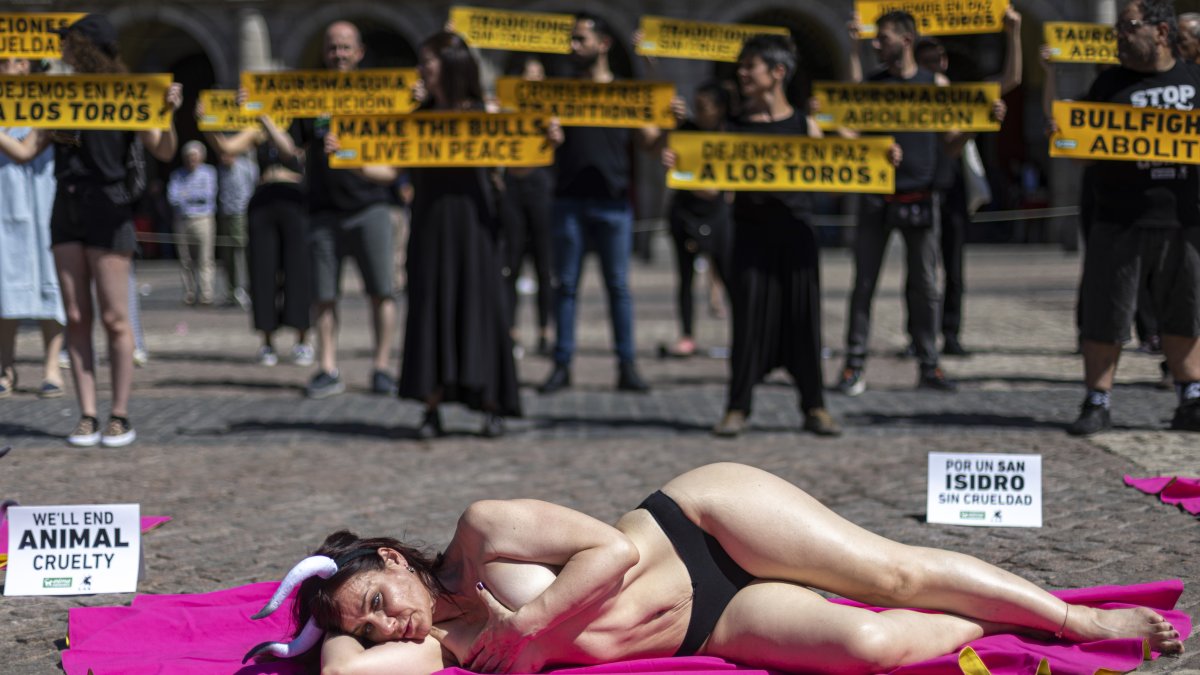 Un centenar de activistas antitaurinos se concentraron en Madrid para reclamar unas fiestas de San Isidro