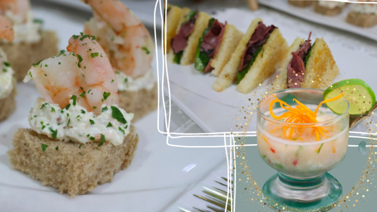 Canapé de camarones, minisánduche de pastrami y shot de ceviche de pescado