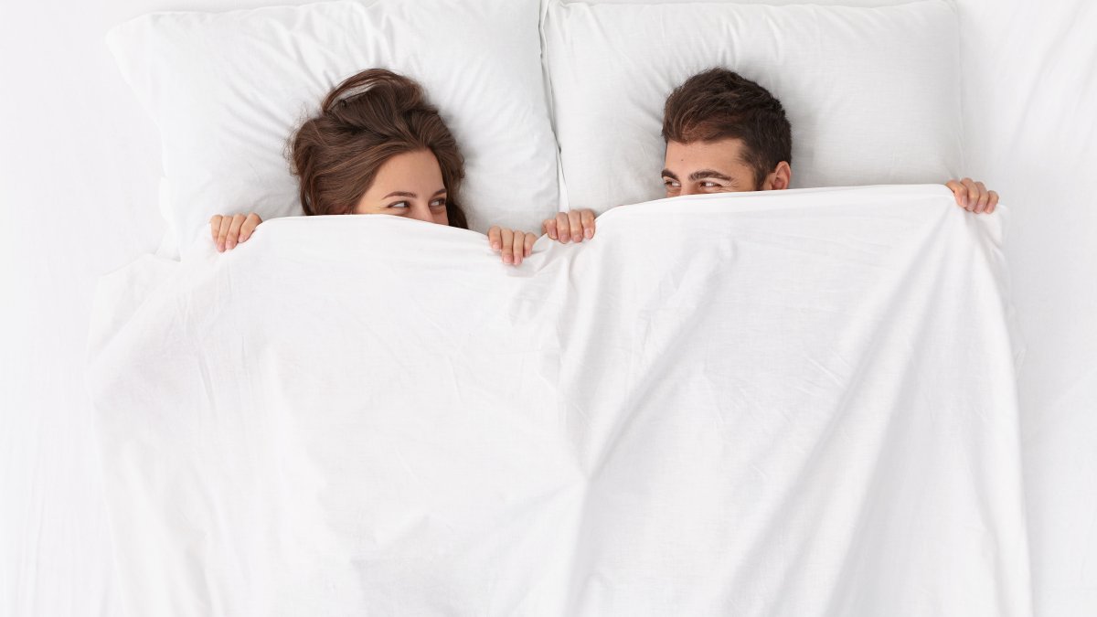 Happy loving couple have fun in bed, look from under blanket, enjoy romantic moment at home, have good relationships, spend leisure time weekend together, wake up after passionate night or sex