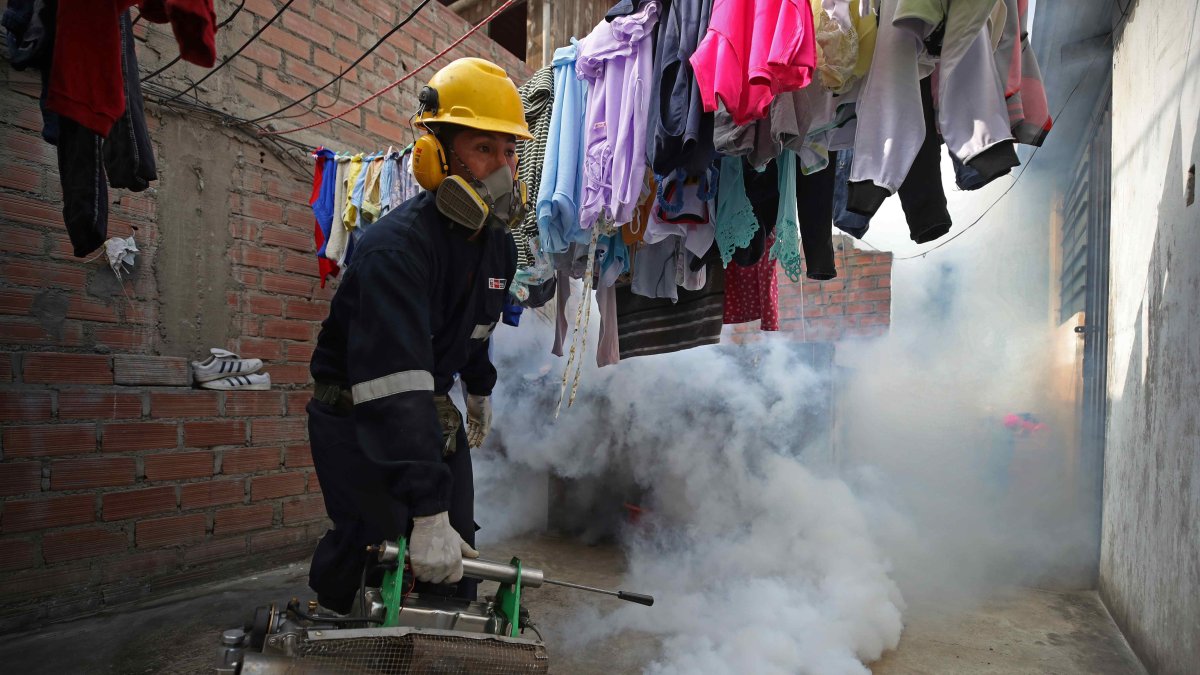 Un trabajador fumiga en una vivienda del distrito El Agustino como medida preventiva contra el dengue, en Lima (Perú). Foto de archivo.