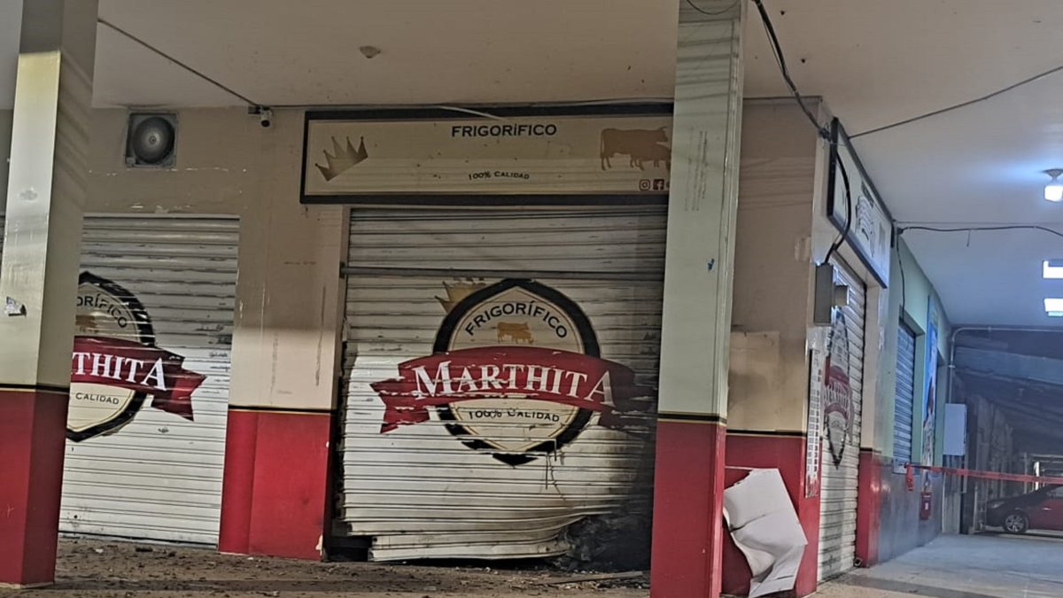 Una de las puertas enrollables de este frigorífico ubicado en la calle Bolívar,  en el centro de Samborondón, muestra las huellas de la explosión.