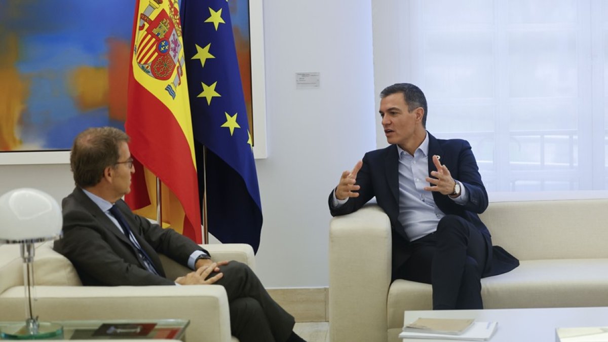 El presidente del Gobierno, Pedro Sánchez, con el líder del PP, Alberto Núñez Feijóo, en La Moncloa / archivo.