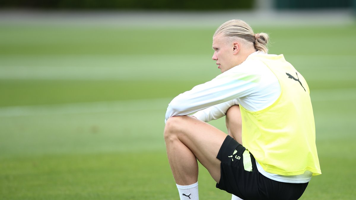 Haaland, durante la sesión de entrenamiento de los citizens, de este jueves 7 de junio.