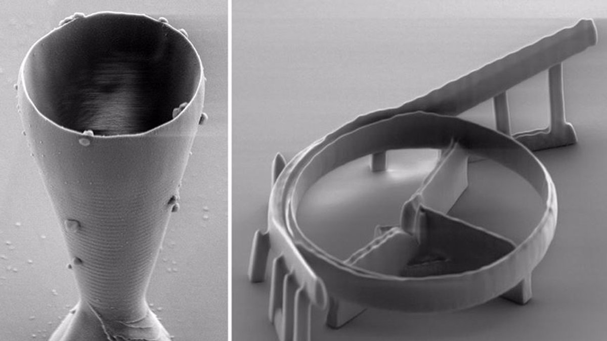 La copa de vino impresa en 3D más pequeña del mundo (izquierda) y un resonador óptico para telecomunicaciones de fibra óptica