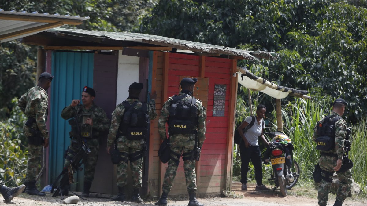 Integrantes de los Grupos de Acción Unificada por la Libertad Personal (Gaula) vigilan hoy, en el corregimiento Pichendé a unos 16 km de Cali (Colombia). EFE/ Ernesto Guzmán Jr.