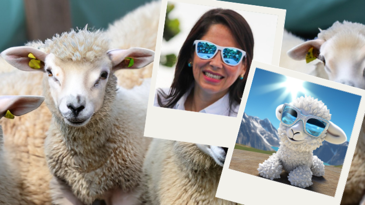 Una imagen de borregos con una bandera ondeando generada con inteligencia artificial, junto a una fotografía de la presidenciable Luisa González y su 'borrego correísta'