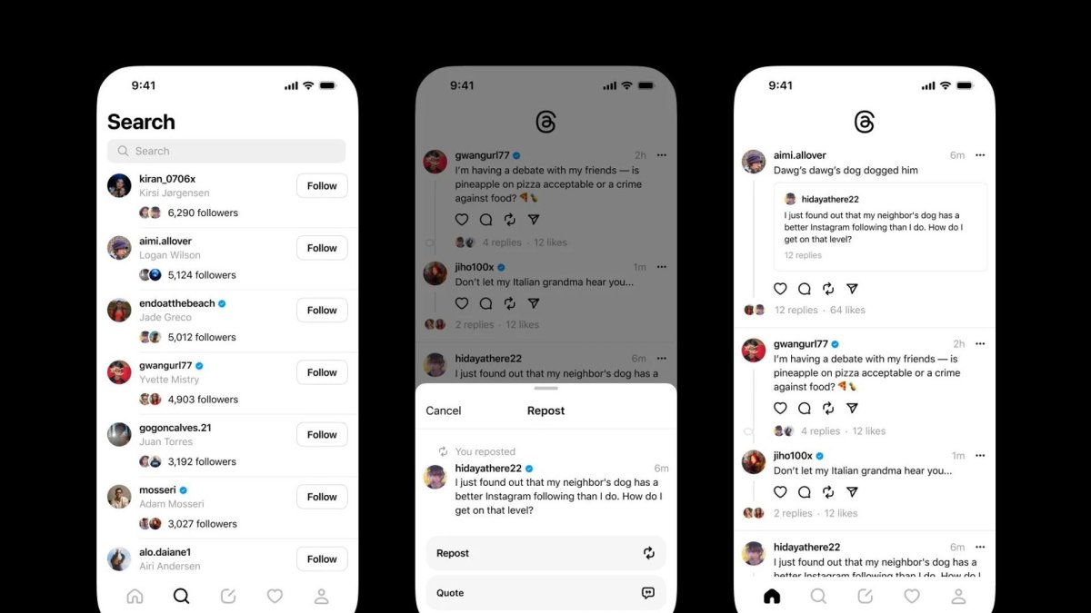Composición de tres fotografías divulgadas por Meta donde se muestran tres pantallas de cómo buscar una persona, un tema o una publicación desde la cuenta de una persona en Threads, la nueva red social de microblogging de Meta.