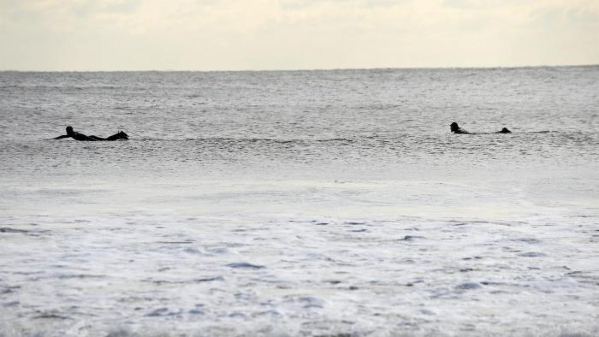 Imagen de archivo de surfistas nadando en la playa de Rockaway, New York.