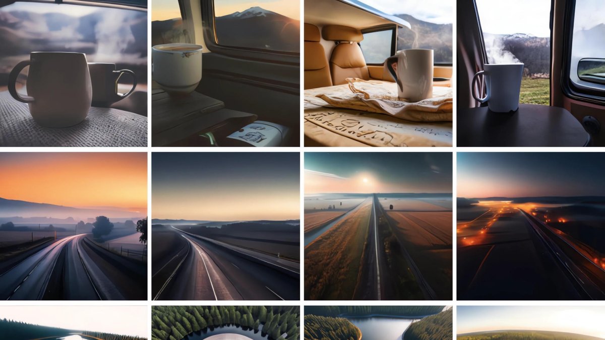 Set de imágenes de una taza de café con montañas al fondo, un camino durante la puesta de sol, y una isla circular en medio de un lago, generadas de texto a imagen con el modelo CM3leon.