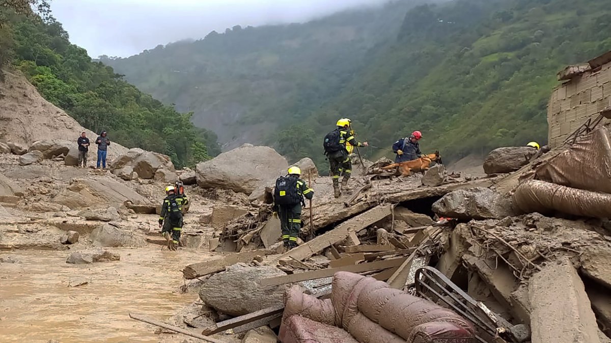 Fotografía cedida por la Policía Nacional de Colombia que muestra a miembros de organismos de rescate en la zona donde ocurrió una avalancha en Quetame, Cundinamarca (Colombia).