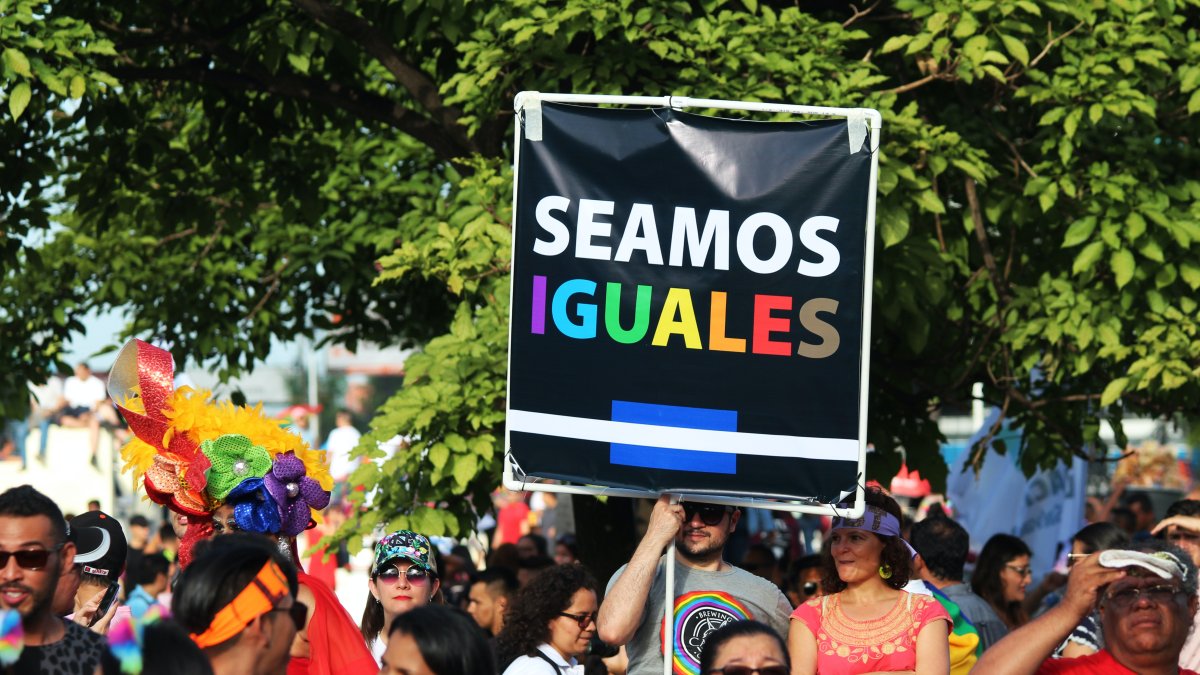 Manifestación. Un hombre levanta una pancarta entre mujeres.