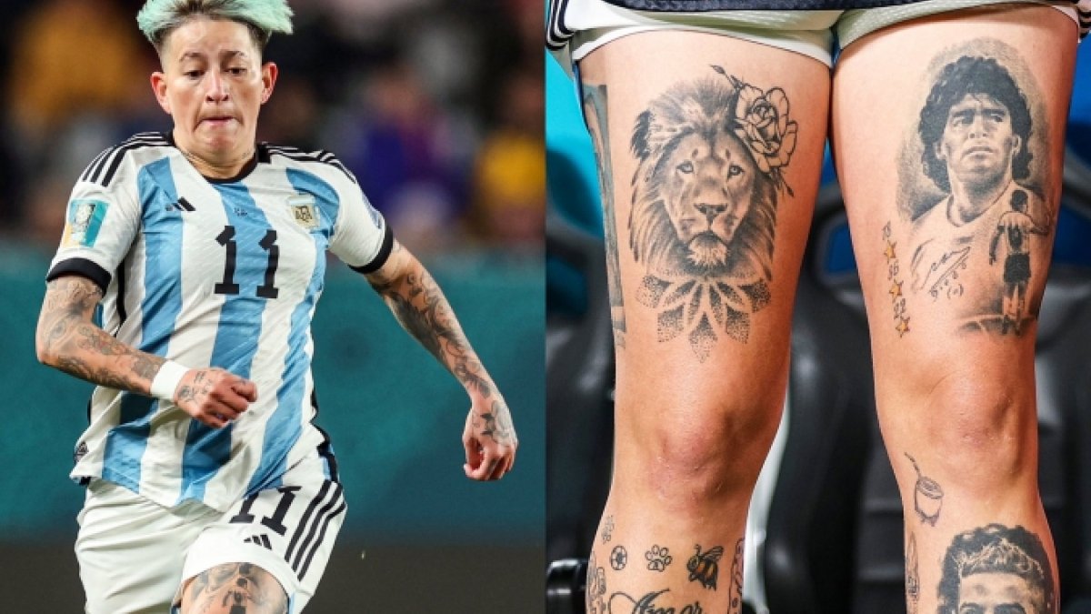 Yamila Rodríguez, integrante de la selección Argentina con los tatuajes de sus dos astros en la pierna izquierda: Maradona y Cristiano Ronaldo.