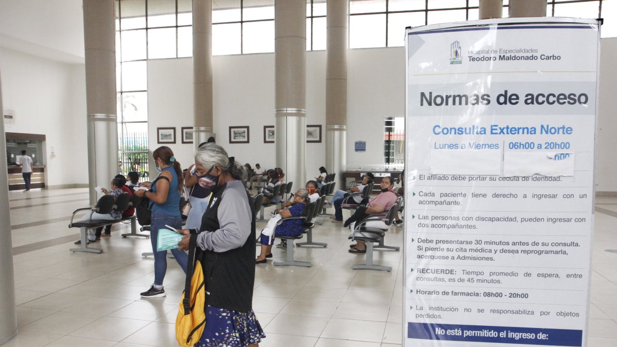Un grupo de pacientes espera su cita médica en el área de consulta externa del Hospital Teodoro Maldonado Carbo, del IESS.