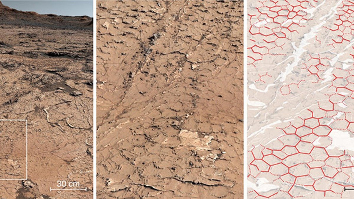 Patrón fósil hexagonal en rocas sedimentarias analizadas por Curiosity en su viaje por el cráter Gale de Marte. Imagen de NASA/JPL-Caltech/MSSS/IRAP/Rapin et al./Nature facilitada por el CNRS.