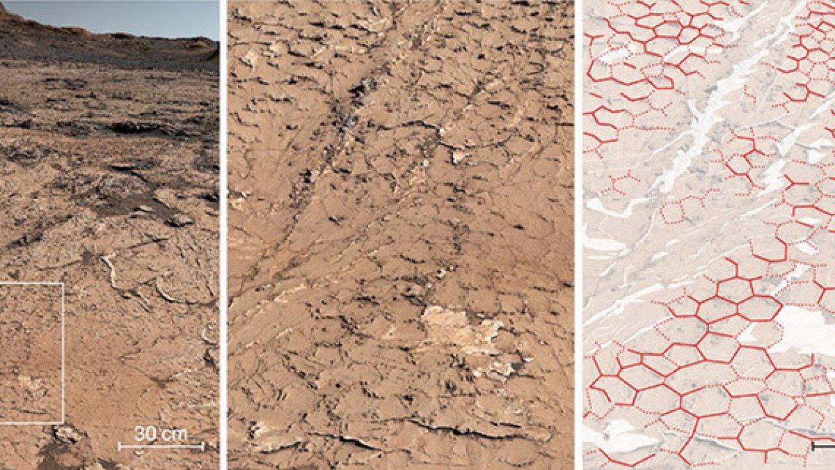 Patrón fósil hexagonal en rocas sedimentarias analizadas por Curiosity en su viaje por el cráter Gale de Marte