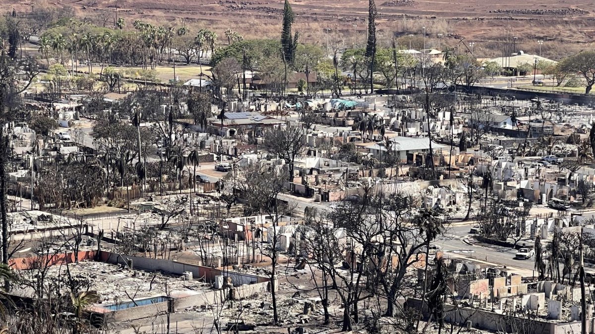 Edificios afectados por el fuego en el puerto de Lahaina, en Hawái.