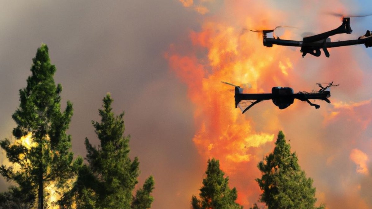 Una imagen simulada con drones atacando una zona afectada por los incendios forestales.