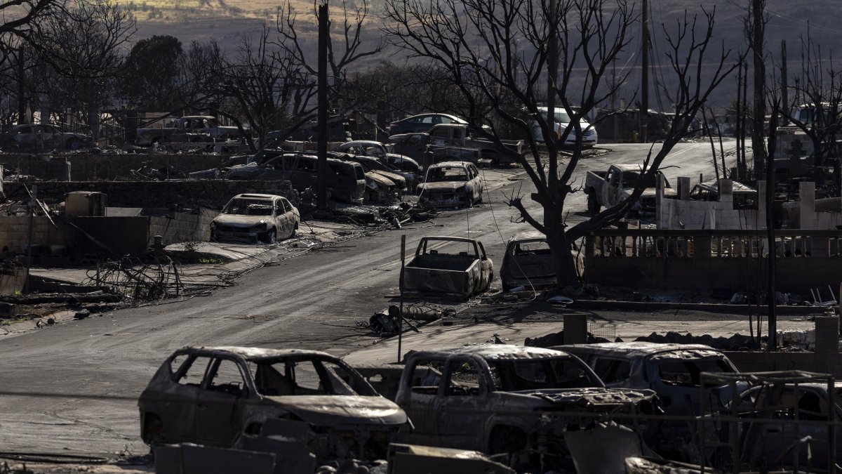 Autos dañados y casas en ruinas es todo lo que queda de un vecindario después de que el incendio de Lahaina arrasara la ciudad de Lahaina, Hawái.