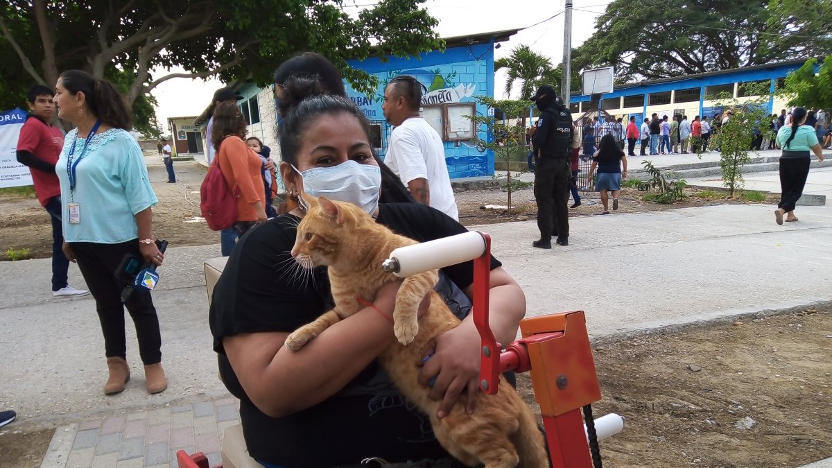Playas. Una electora llega en silla de ruedas, acompañada de su gato.