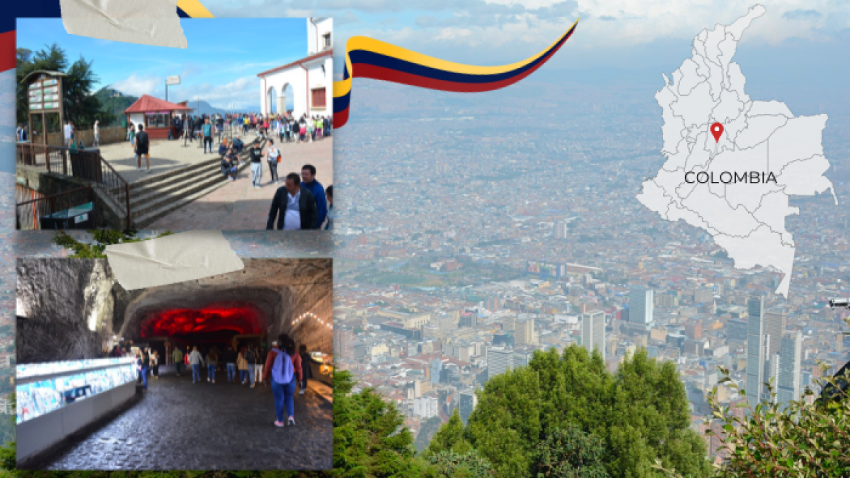 La ciudad de Bogotá vista desde la cima del cerro de Monserrate. Y turistas visitando la catedral de Sal.