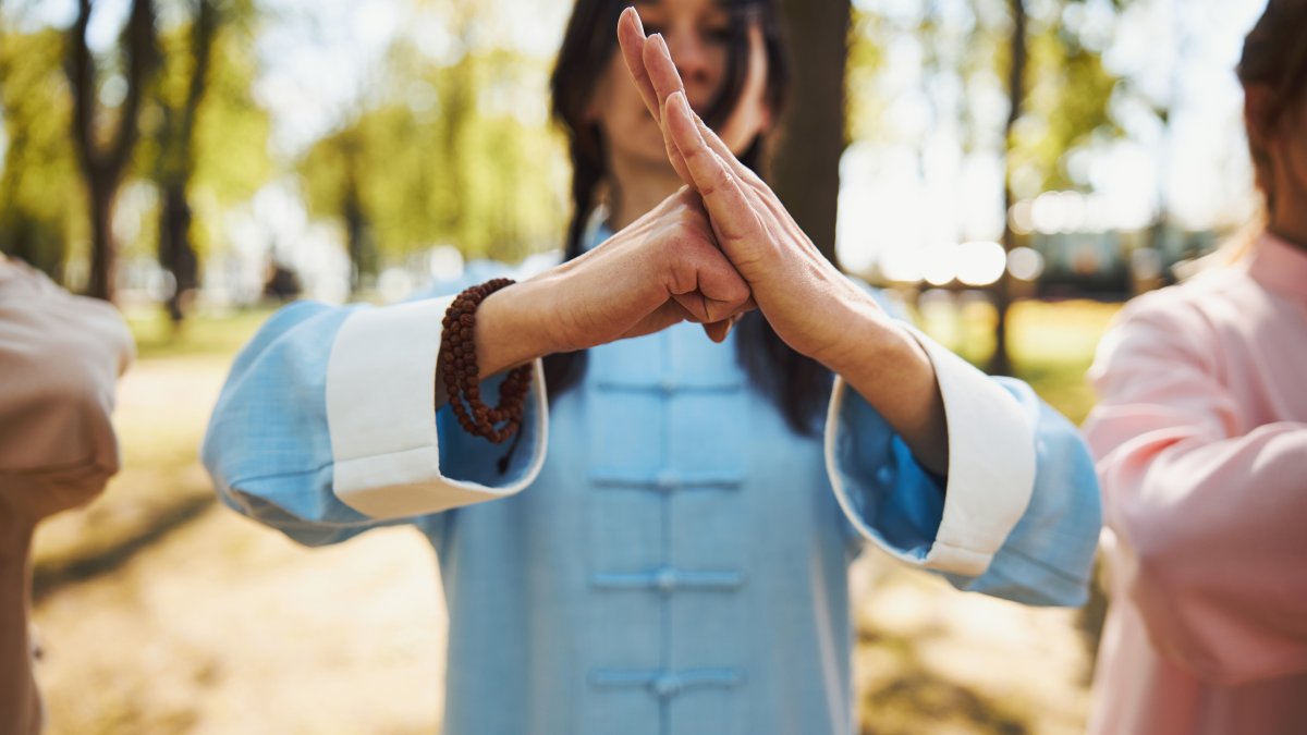 Gestos con palma de la mano y puño durante una sesión de artes marciales
