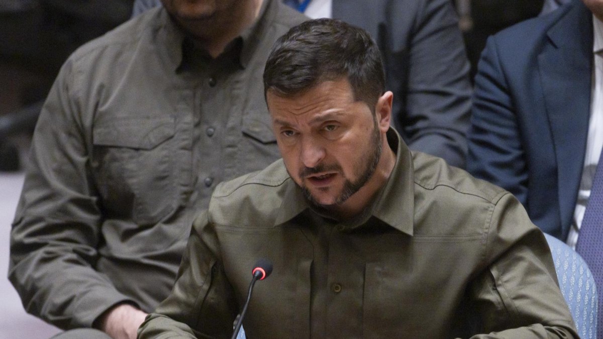 El presidente de Ucrania, Volodímir Zelenski, habla ante el Consejo de Seguridad de la ONU, este 20 de septiembre de 2023, en Nueva York.