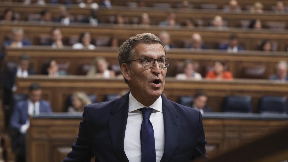 El presidente del Partido Popular y candidato a la investidura, Alberto Núñez Feijóo,  en la primera sesión de su debate de investidura a la Presidencia del Gobierno, este martes en el Congreso.