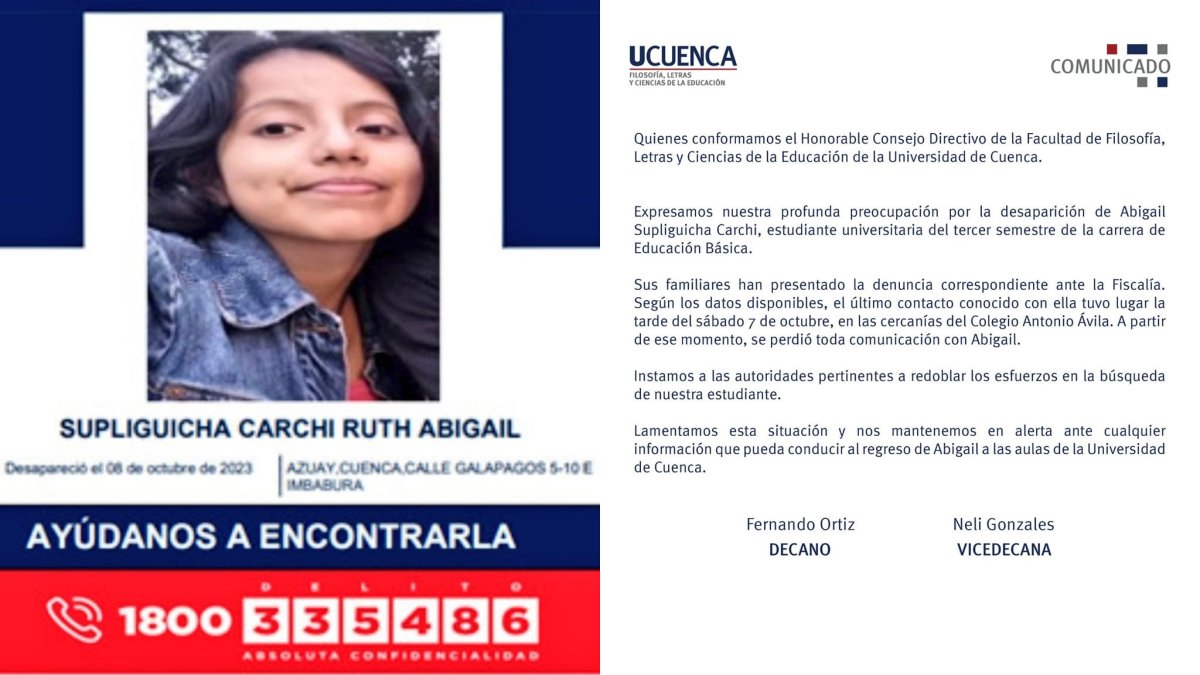 Ruth Abigail Supliguicha Carchi, fue reportada como desaparecida el 8 de octubre de 2023, en las calles Galápagos e Imbabura, en la ciudad de Cuenca.