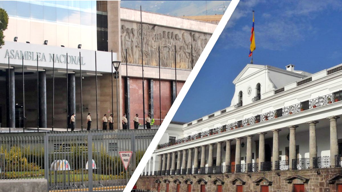Poderes. Fachadas de la Asamblea Nacional y del Palacio de Carondelet, sedes de dos poderes del Estado.