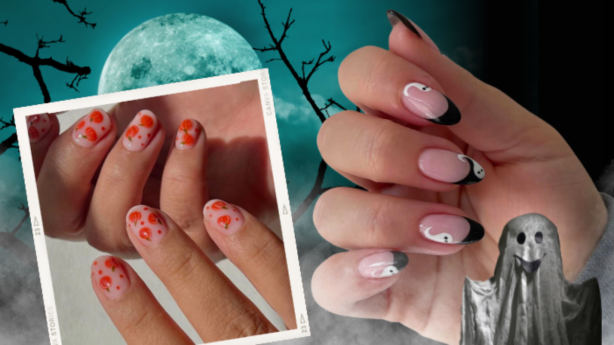 Los diseños de calabaza y el francés decorado con fantasmas le dan un aspecto tierno y delicado a sus manos.