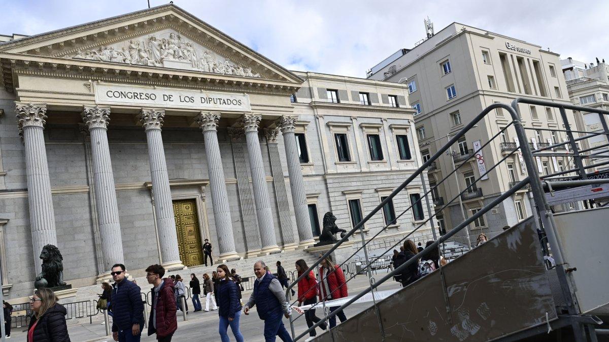 Una agente de la Policía Nacional vigila la Puerta de los Leones del Congreso de los Diputados en Madrid.