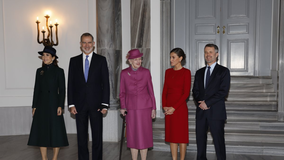 El príncipe heredero de Dinamarca, Federico, su esposa, Mary Donaldson y la reina Margarita reciben a los reyes de España, Felipe y Letizia.