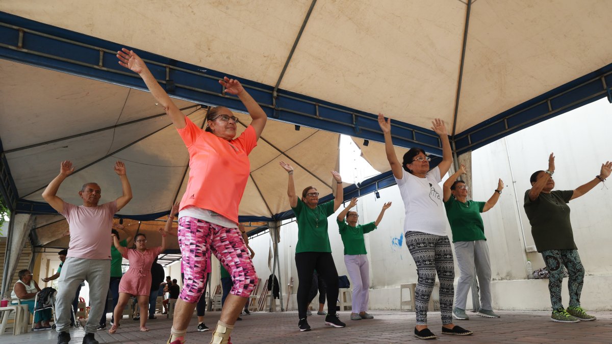 Un grupo de adultos mayores participa de un taller de baile en el centro del IESS ubicado en la ciudadela Huancavilca, en el sur de Guayaquil.