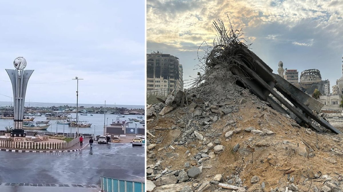 Vista del monumento que glorificaba los acontecimientos del Mármara, antes y después de que el Ejército Israelí lo destruyera durante la toma de “control operativo” del puerto de Gaza.