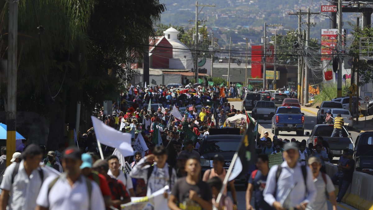 Campesinos de diferentes organizaciones marchan hoy, en Tegucigalpa (Honduras).