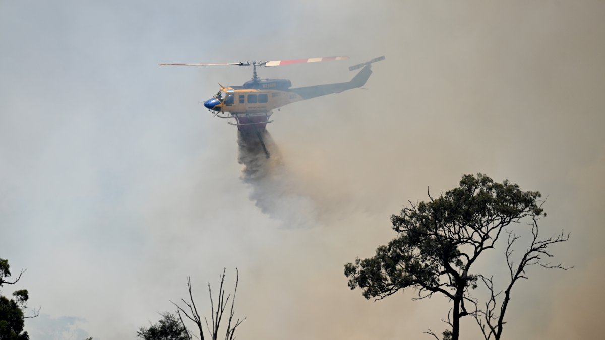 Un helipcótero lanza agua sobre una zona afectada por el fuego, que comenzó en una plantación de pinos en el barrio de Gnangara, un área rural y residencial del noreste de Perth.