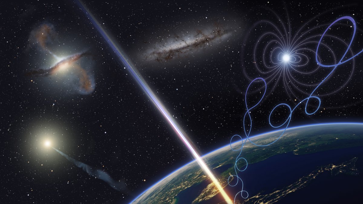 Reproducción del rayo cósmico Amaterasu incidiendo desde el espacio sobre la Tierra, captado por los sensores del Telescopio Array. 