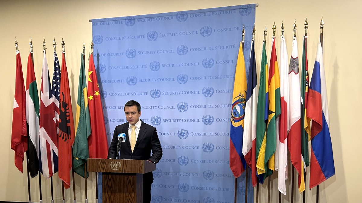 El presidente de Ecuador, Daniel Noboa, en una rueda de prensa en las Naciones Unidas