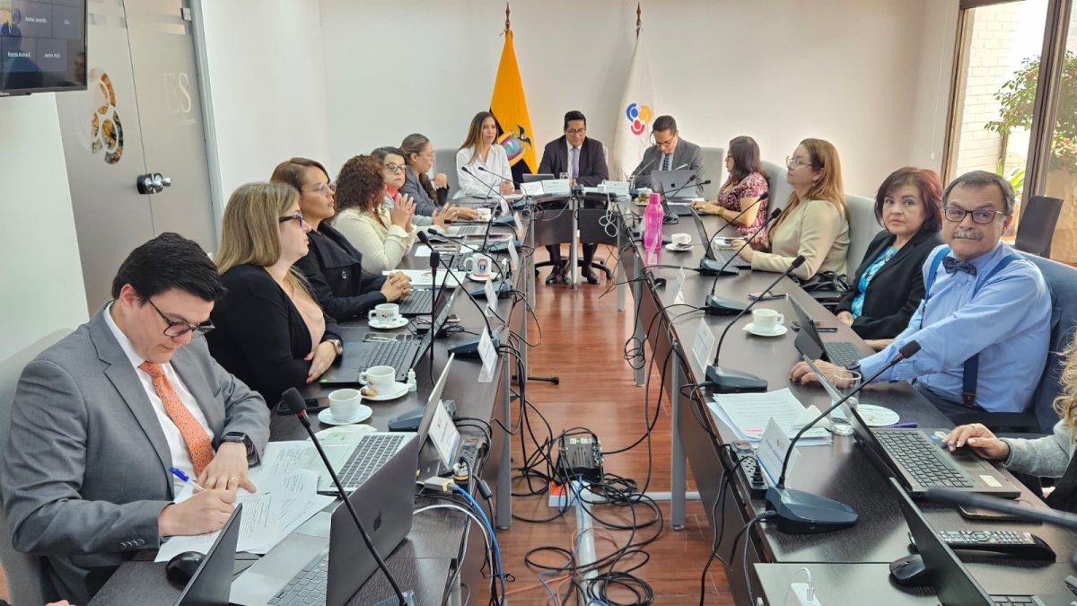 La titular de la Senescyt, Ana Changuín; y el presidente del CES, Pablo Beltrán (al fondo), durante la parte inicial de la sesión.
