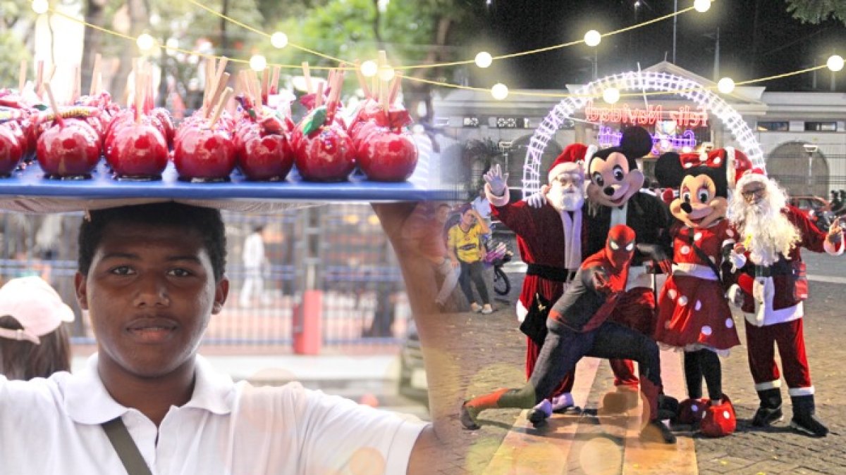Recorrido. Entre los rostros que decoran la navidad en Guayaquil, están los vendedores ambulantes y quienes se disfrazan del icónico Papa Noel para avivar las fiestas.