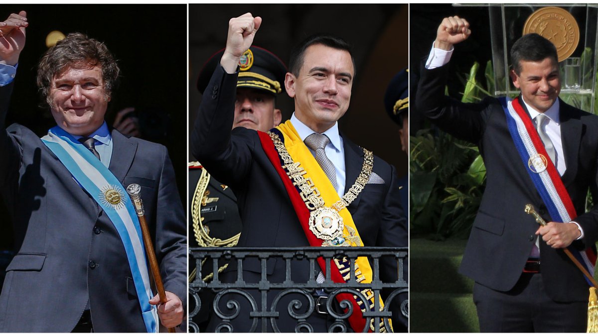 Combo de fotografías de archivo de los presidentes de Argentina, Javier Milei (i); de Ecuador, Daniel Noboa (c); y de Paraguay, Santiago Peña.