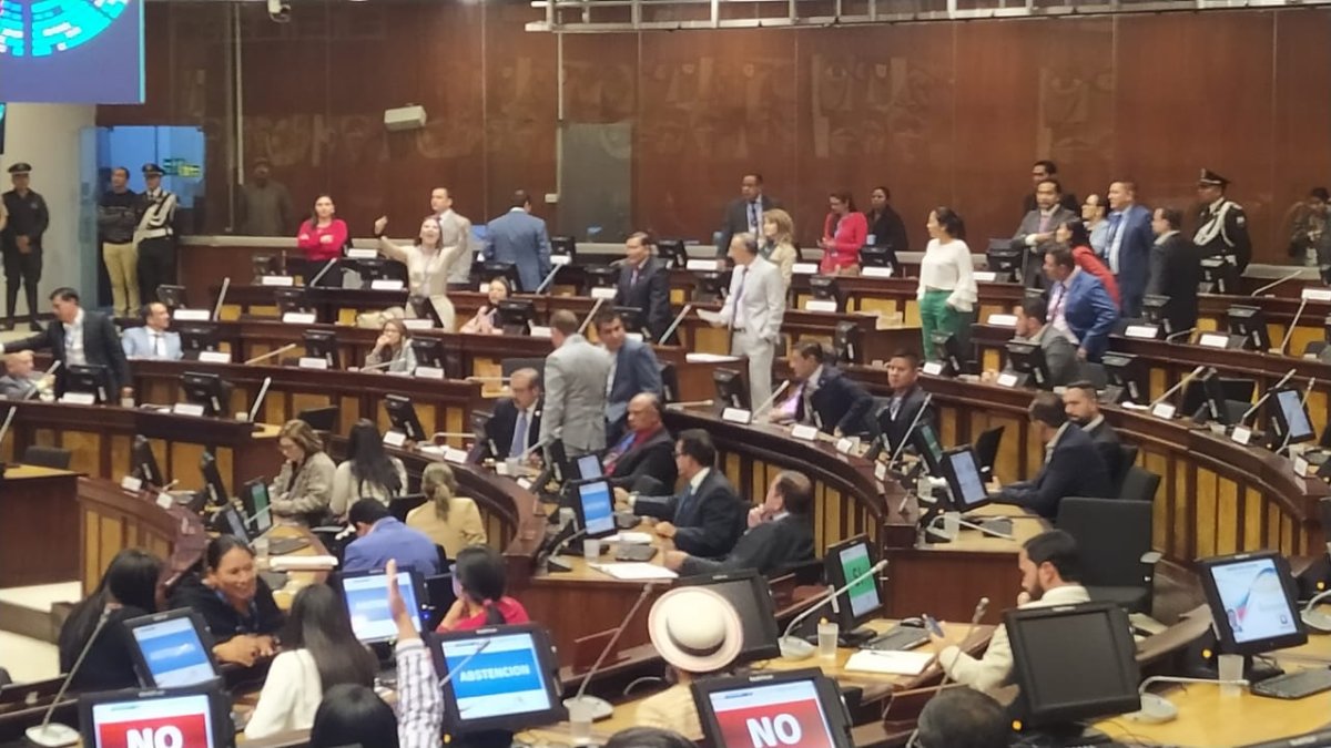 Al fondo, la asambleísta Ana Galarza gesticula y reclama a los legisladores del correísmo.