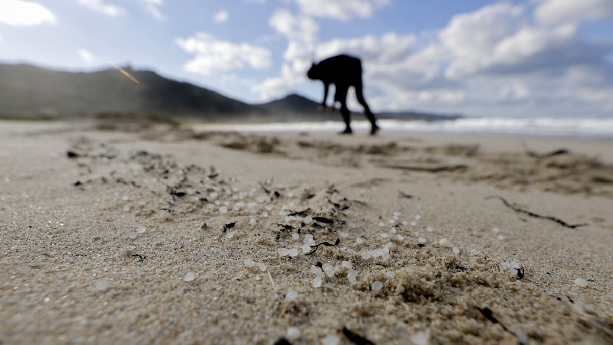 Una persona recoge pellets este jueves, en la playa de Traba, situada en el concello coruñés de Laxe (Galicia).