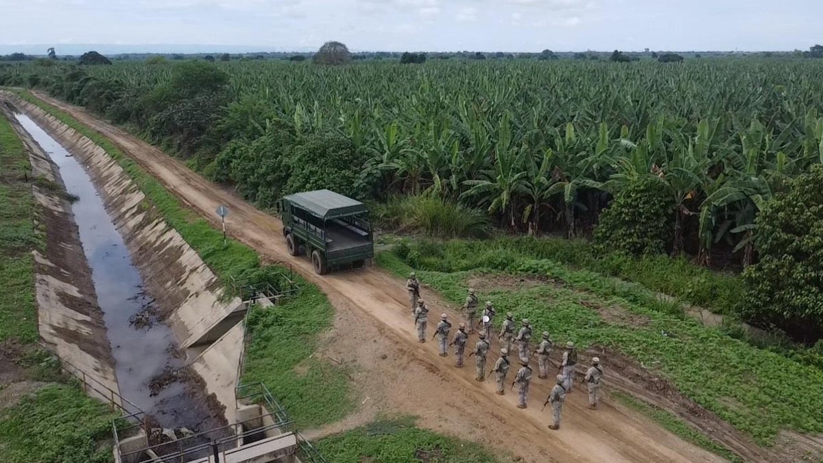 Soldados del Ejército de Perú patrullan la zona fronteriza con Ecuador, en la provincia de Zarumilla, departamento de Tumbes (Perú).