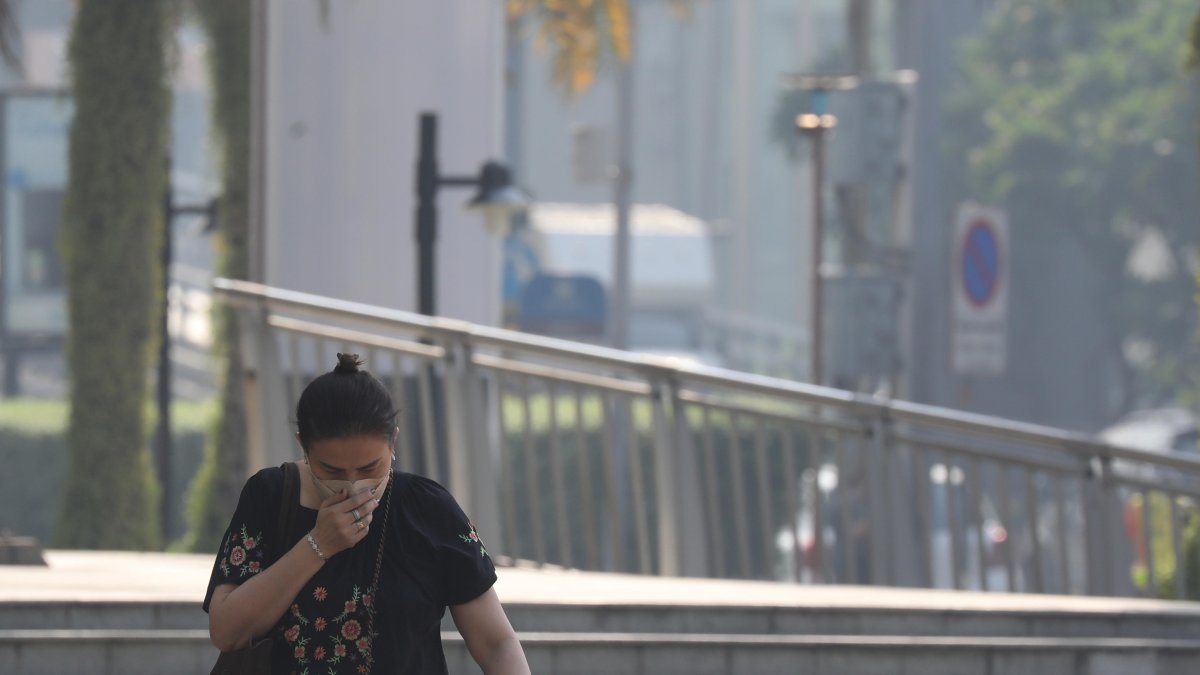 Una persona camina cubriéndose la nariz por una calle céntrica de Bangkok, que este viernes 19 de enero presenta altos niveles 