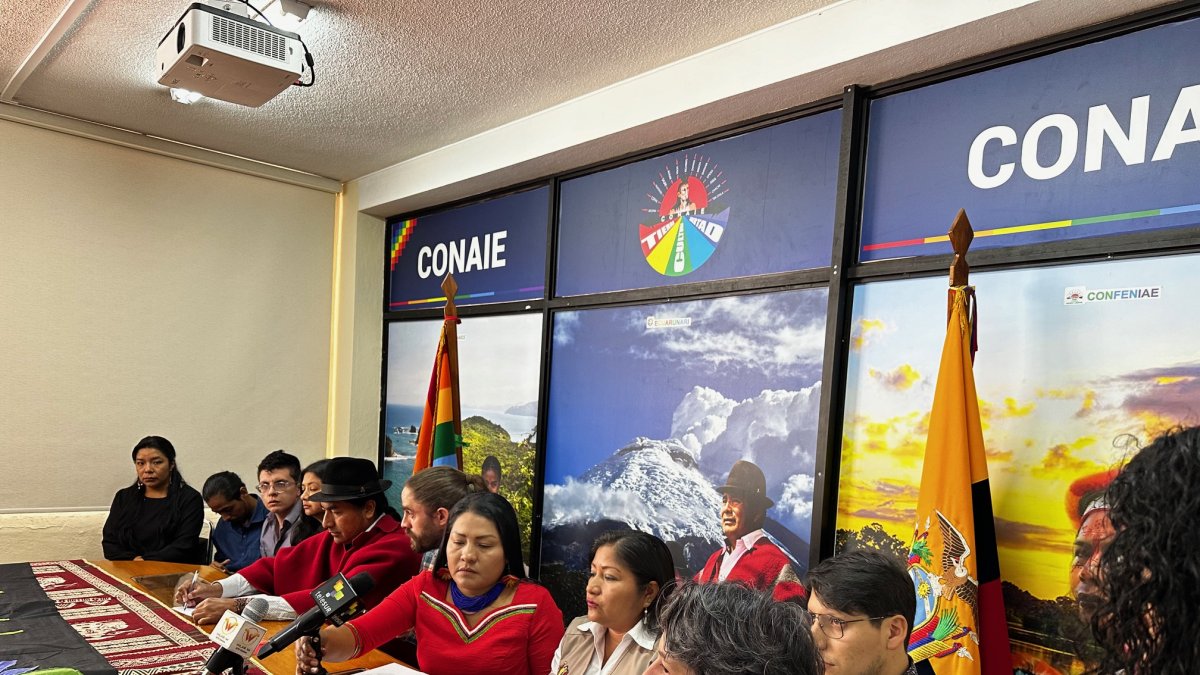 Representantes de la Conaie y Yasunidos en rueda de prensa sobre el ITT este 25 de enero de 2024.