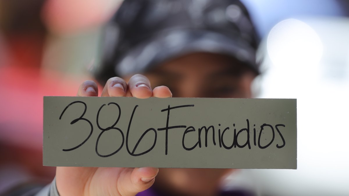 Detalle de un letrero sostenido por una mujer, que denuncia 386 feminicidios, durarante una marcha por el Día de la Mujer en Honduras, frente a la sede del Parlamento, en Tegucigalpa (Honduras).